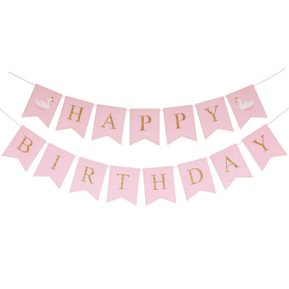 White Pink Happy Birthday Banner Decorations Baby Shower Paperboard Swan Princess Birthday Party Bunting Hanging Wall Decor