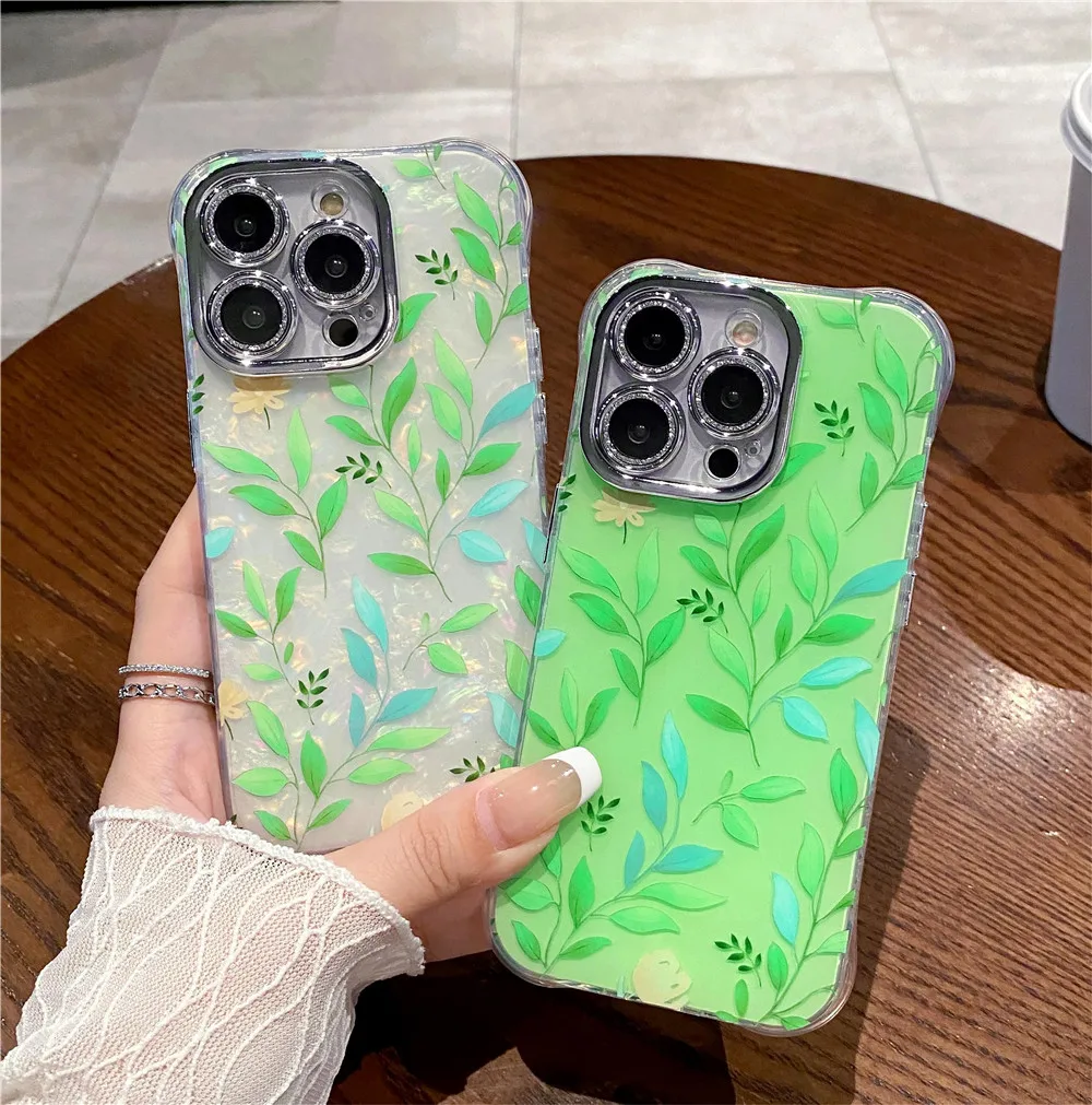 Lovebay Shell Pattern Phone Cover for iPhone 11 12 13 14 15 Pro Max Green Leaves Gitter Lens Shockproof Bumper Back Cover Fundas