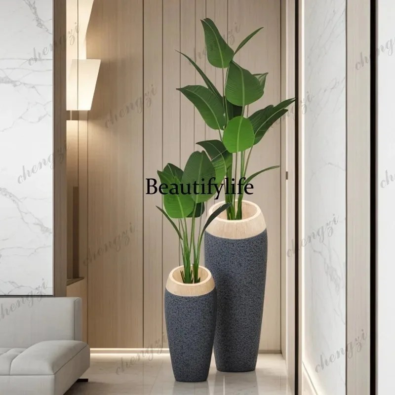 Q181 FRP floor-standing large vase mall modern soft decoration wood grain round flower vessel ornament