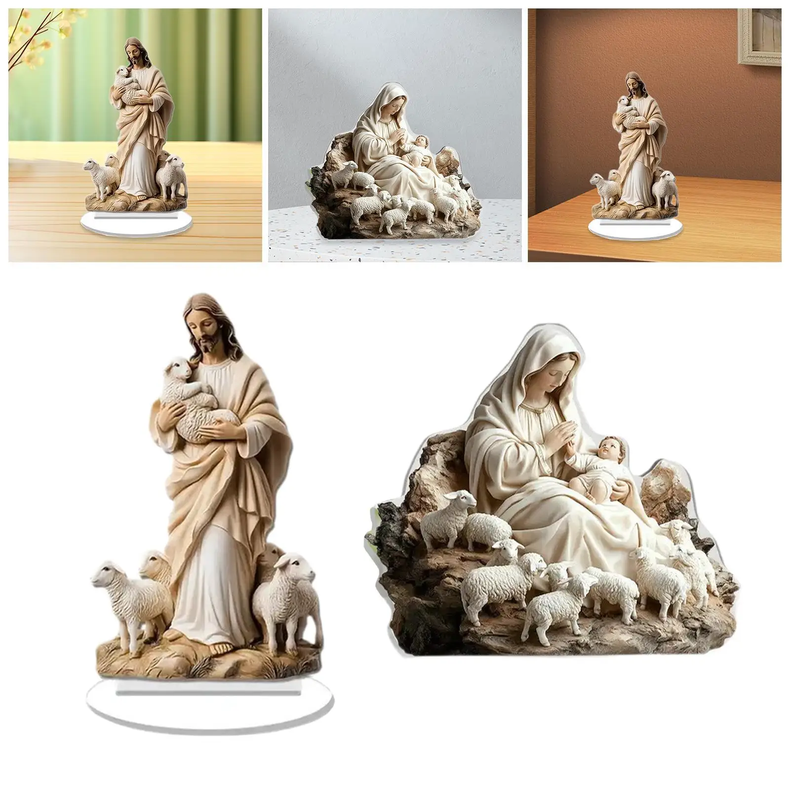 Acrylic Jesus and Lambs Scene Table Sign Religious with Base Collection Decorative Accessory Versatile 4x7inch Tabletop Ornament