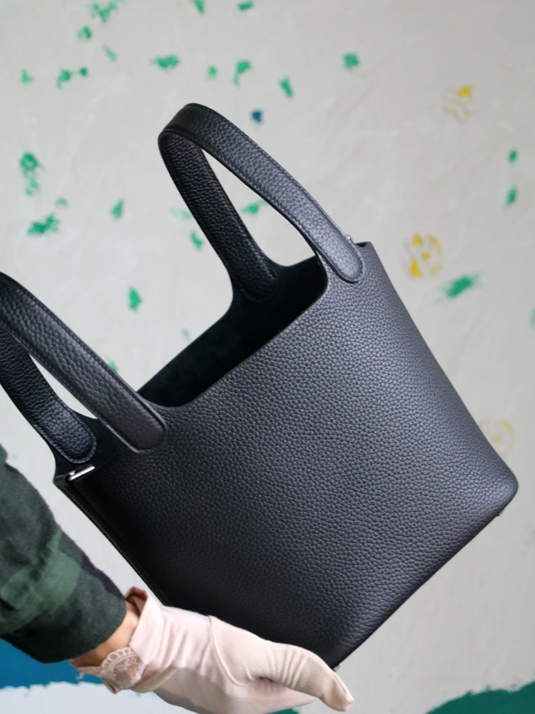 Black Simple Luxury Bucket Bag Genuine Leather Women Tote Bag\Handbag Fashion 100% Real Cowhide Leather Lady Bag High Quality
