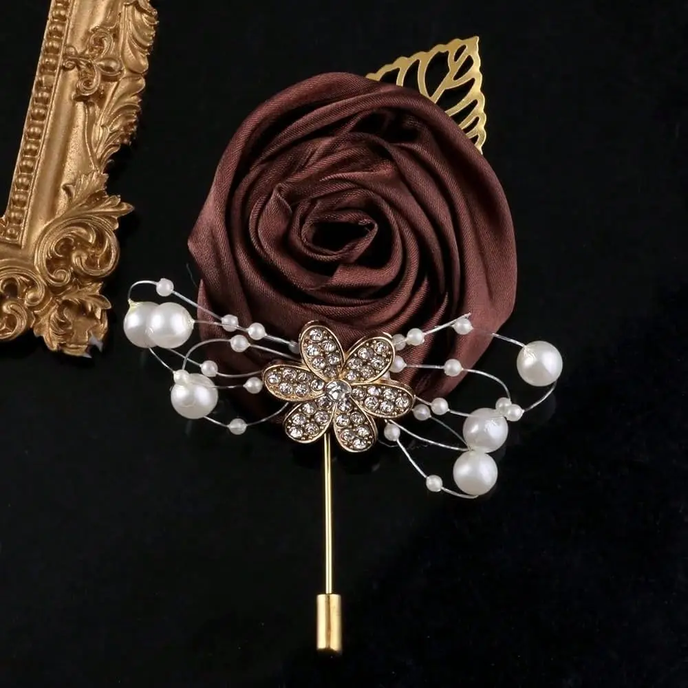 Artificial Boutonniere 5pcs Gold Leaf Faux Silk Imitation Rose Corsage For Decor Weddings Balls Ceremonies Anniverss,Etc. Coffe