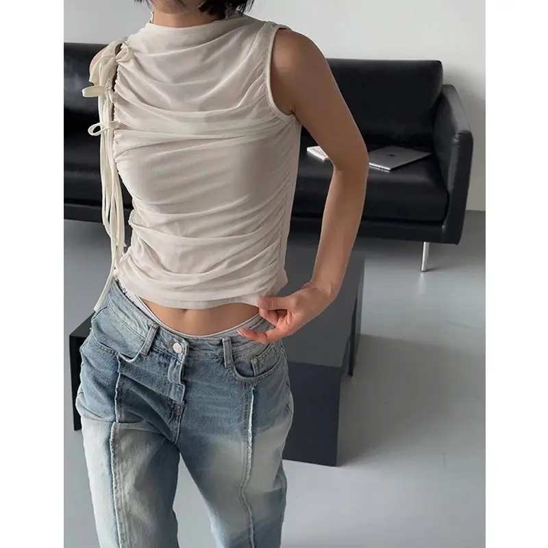 2026 Spring and Autumn New Double-layer Mesh Strap Vest Waist Folded Semi-High Neck Vest