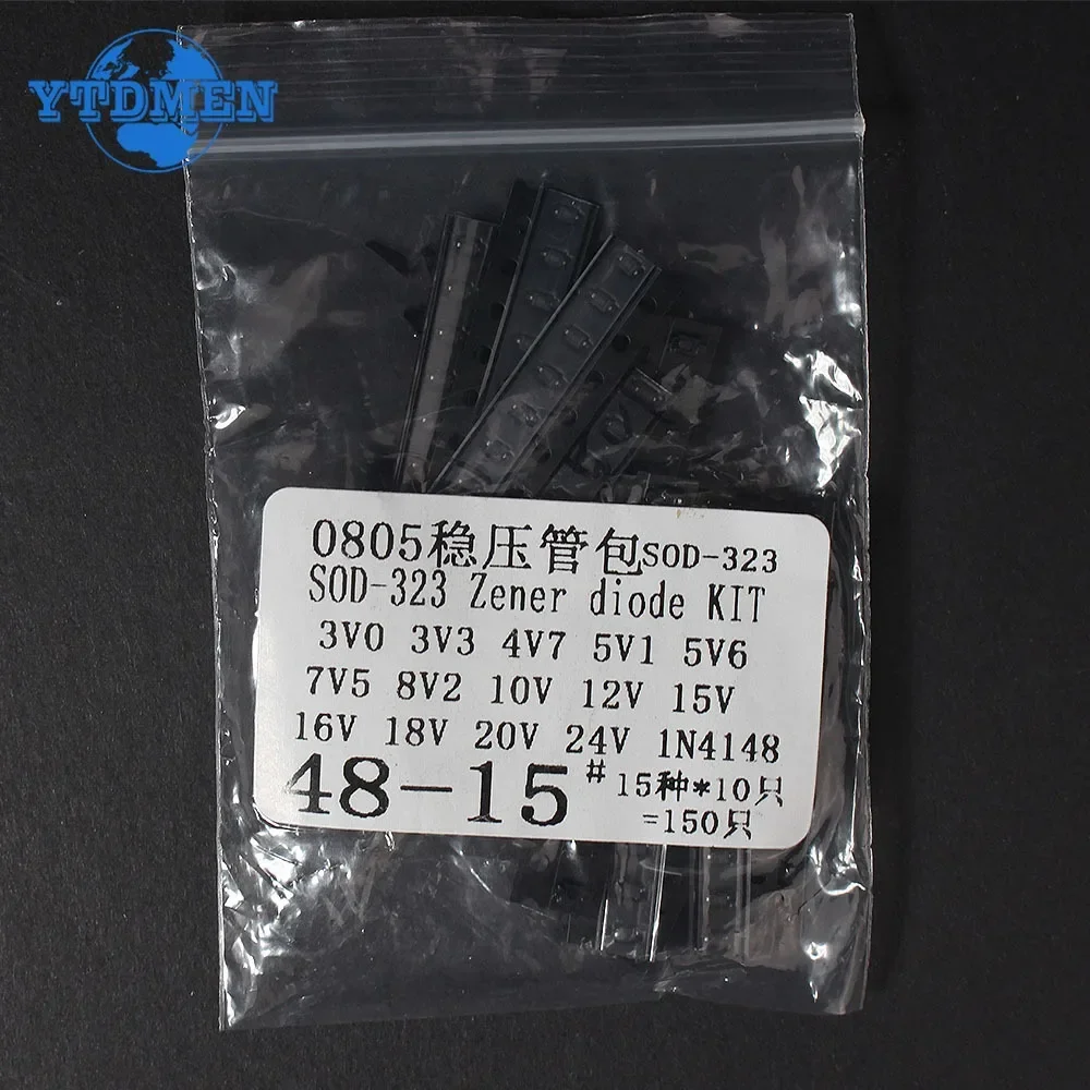 150PCS Zener Diode Kit SOD-123 1206 SOD-323 0805 Zener Diode SMD 15 Values 3.3V 4.7V 5.1V 5.6V 7.5V 8.2V 10V 12V 15V