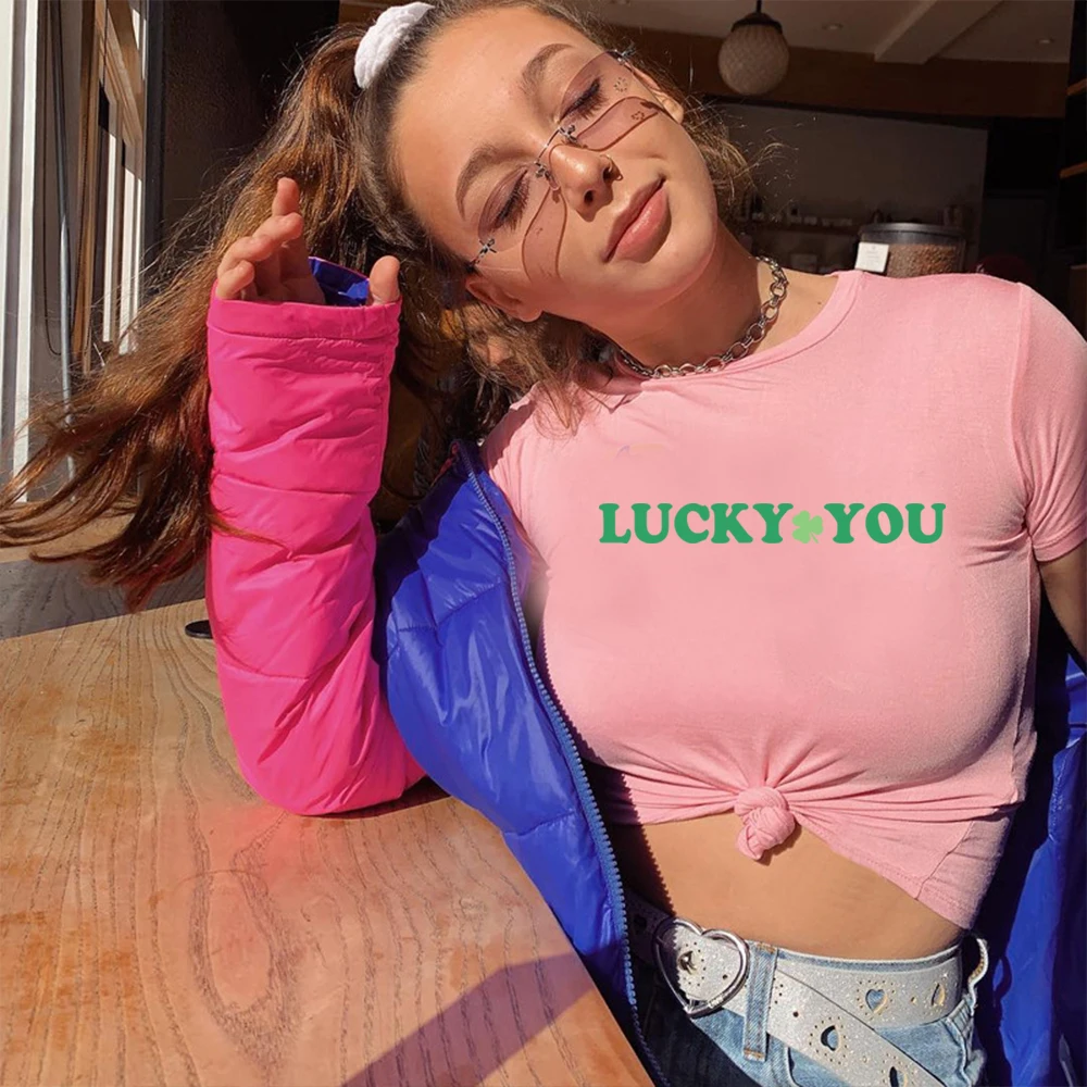 Lucky You Crop Top Cute Clover Fitted Graphic Baby Tee Y2K Baby Tee St Patricks Day Cropped Top St Patricks Day Gift for Her