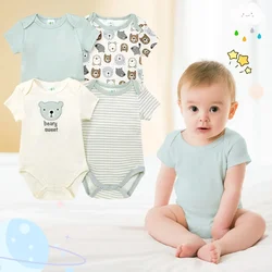 4PCS Newborn Infant Romper Short Sleeve Round Neck Cartoon Animal Flowers Print Bodysuit Onesies For Baby Boys And Girls Clothes
