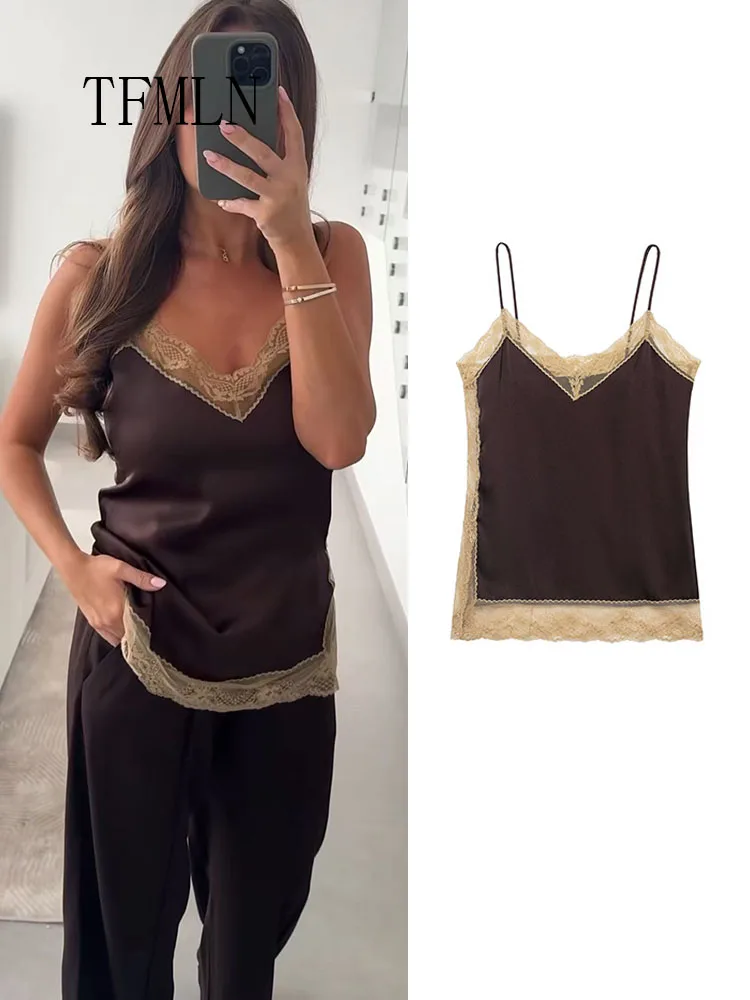

TFMLN Causal Women Lace-trim Spaghetti Strap Top Fashion Sexy V-neck Underwear Backless Patchwork Camisole 2026 Spring Summer