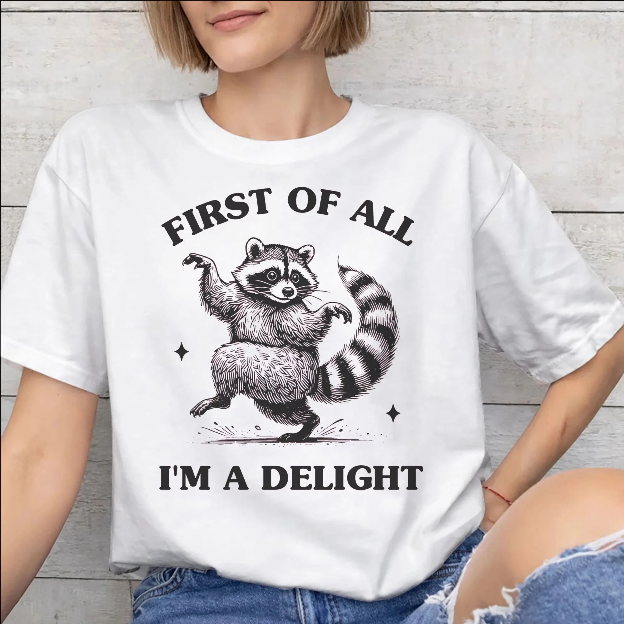 

Printed First of All I'm A Delight Funny Raccoon Summer Fashion T Shirt for Men Women 100% Cotton Tee Shirt Short Sleeve Tops