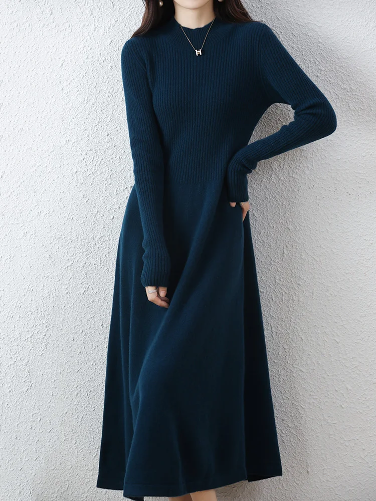 

Women's Wool Dress Mock Neck Cashmere Pullover Sweater Autumn Winter 100% Merino Wool Knitwear Fit and Flare Dress Long Dress