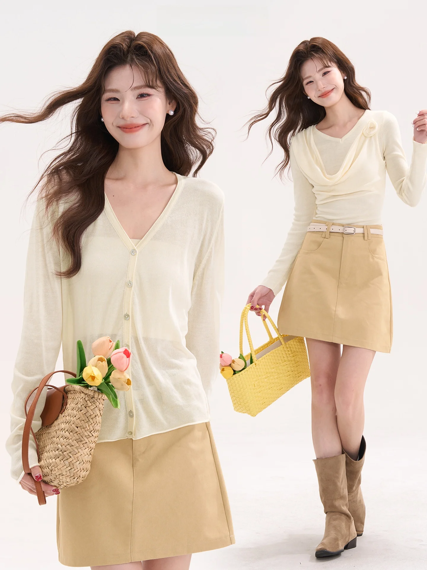 

Heme Evening Lotus Rain Thin Sunscreen Linen V-ne Knitted Open Cardigan Long Sve Top Soft Medium Gauge Knitwear