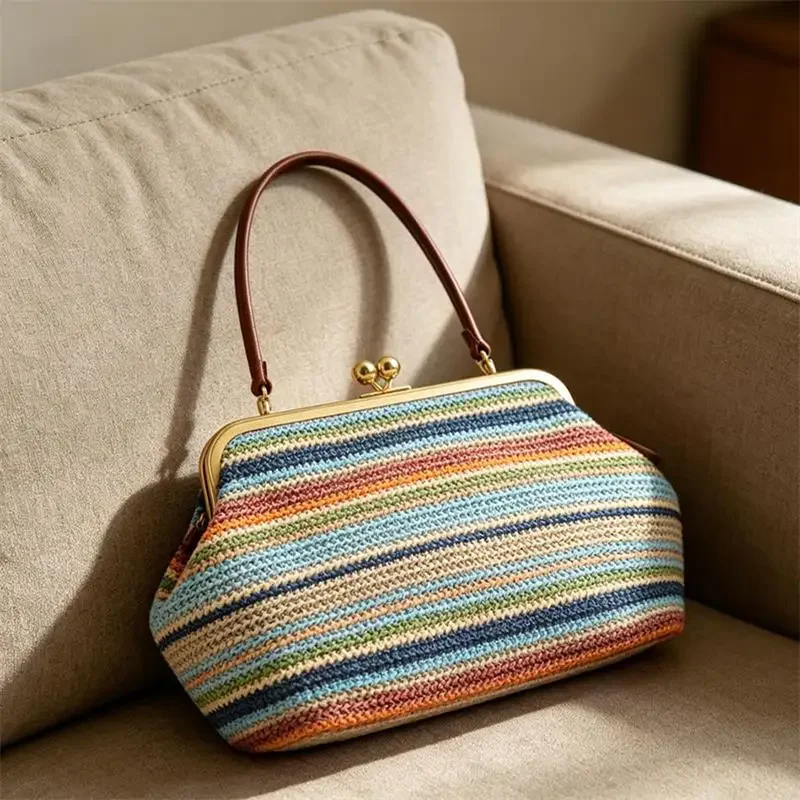Colorful Striped Lock Frame Straw Woven Clasp Tote Bag,Women Top Handle Handbag, Summer Beach Clutch Purse,Casual Shoulder Bag