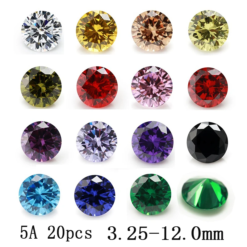 20pcs 5A Size 3.25-12.0mm Round Cubic Zirconia Stone Loose CZ Synthetic Gemstone White Green Tanzanite Black Pink Garnet