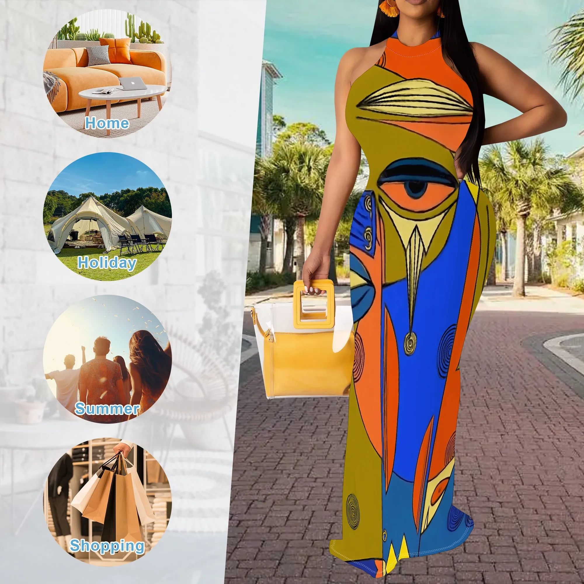 

Abstract Face Art Maxi Dress S-3XL Halter Neck Sleeveless Bodycon Style for Art Show, Afro Streetwear or Cultural Festival Look