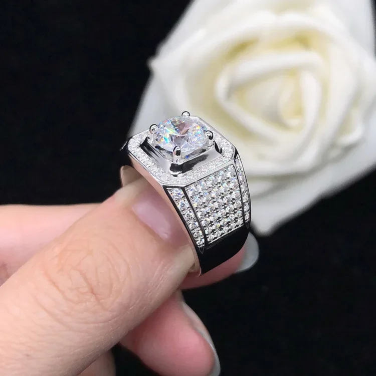 Anillo de oro blanco sólido de 14 quilates AU585 platino PT950 de 1,5 quilates con diamantes moissanita, regalo de anillo de moda para hombres de Europa y Estados Unidos