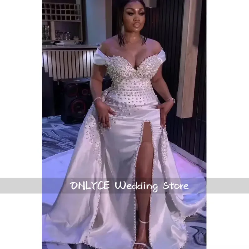 Off the Shoulder Shinny Pearls Wedding Dress Satin Vestido De Casamento High Split Bridal Gown with Removable Skirt Customized