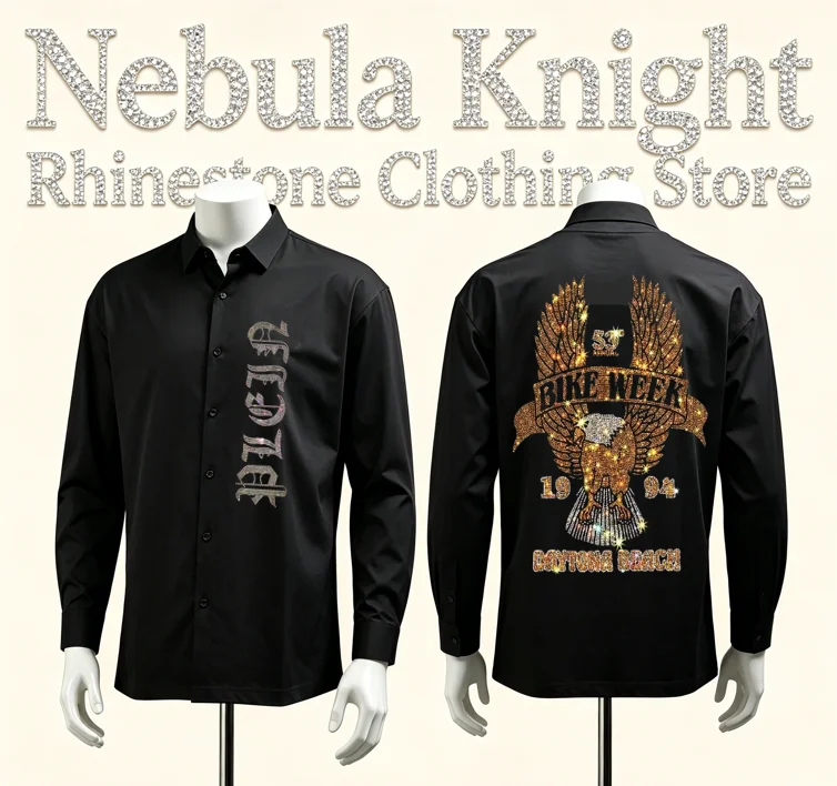 Luxury Men's Black Rhinestone Skull Pattern Button down Shirt Long Sleeve Slim Fit Casual Business High Street Daily Top