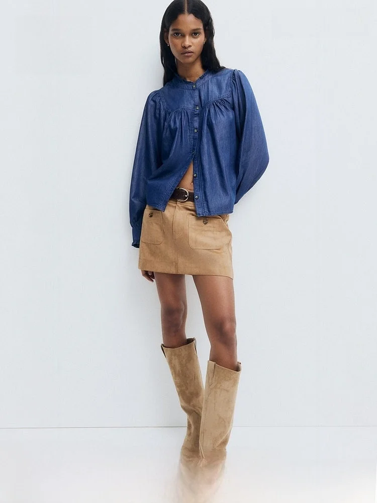 

Hm Winter Women's Ruffle Hem Denim irt 3347 Casual Sle Button Detail Cotton And Lyocell Blend Long Sve Women's irt