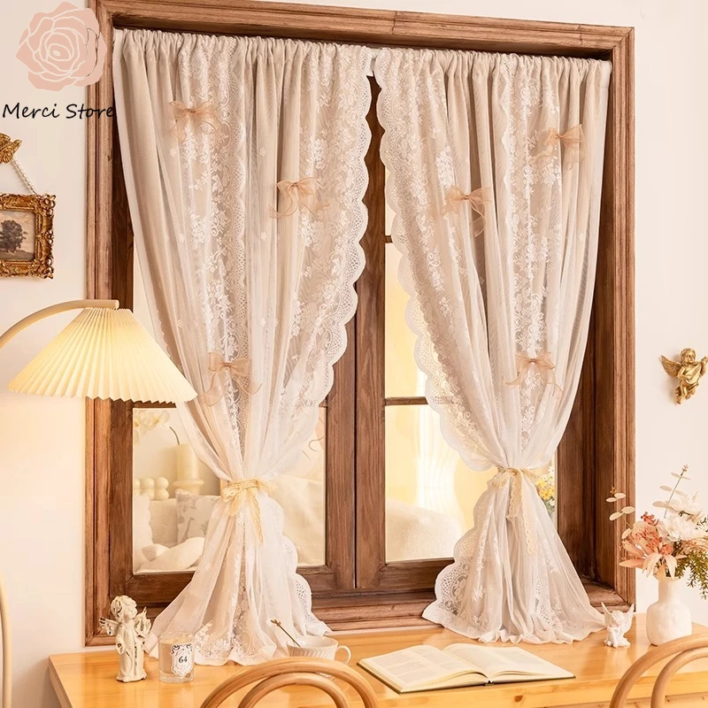 

Luxury French Light Cream Curtains for Living Room Bedroom Ins Style Childrens Room Double Layer Princess Blackout Lace Drapes