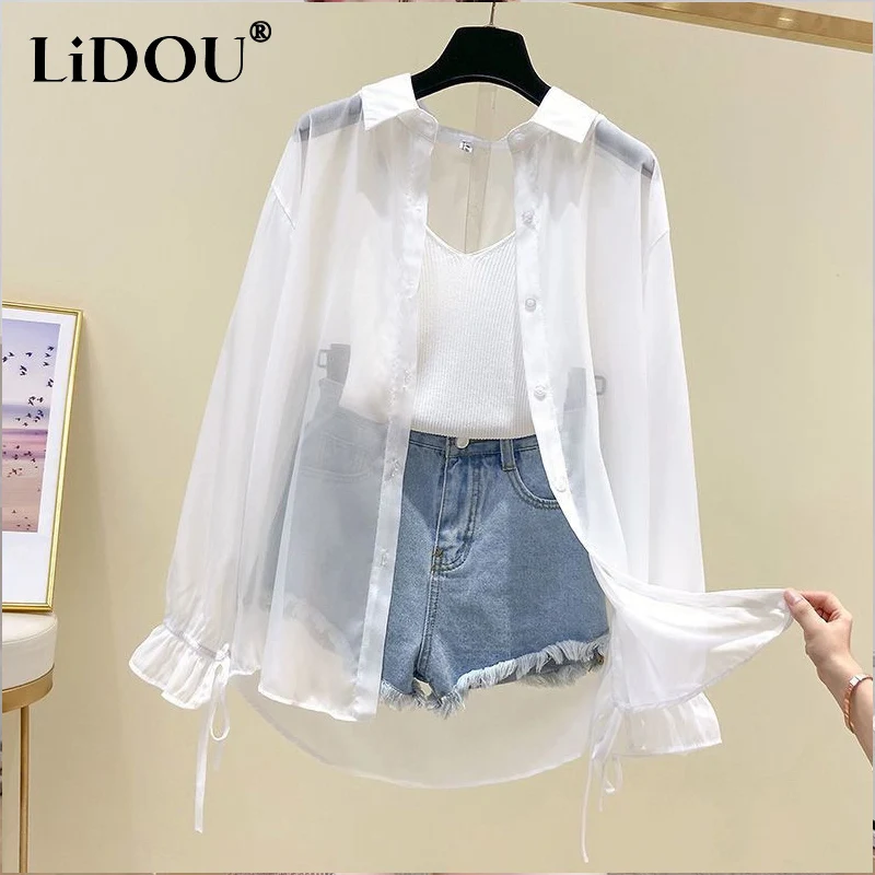 Summer Solid Color Sunscreen Clothing Female POLO Collar Long Sleeve Cardigan Ladies Thin Style Sheer Shirt Women Chiffon Shirt