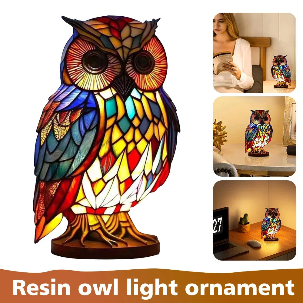 

Resin Owl Light Ornament Animal Resin Stained Glass Table Lamp Ornament Mermaid Sheep Owl Home Ornament