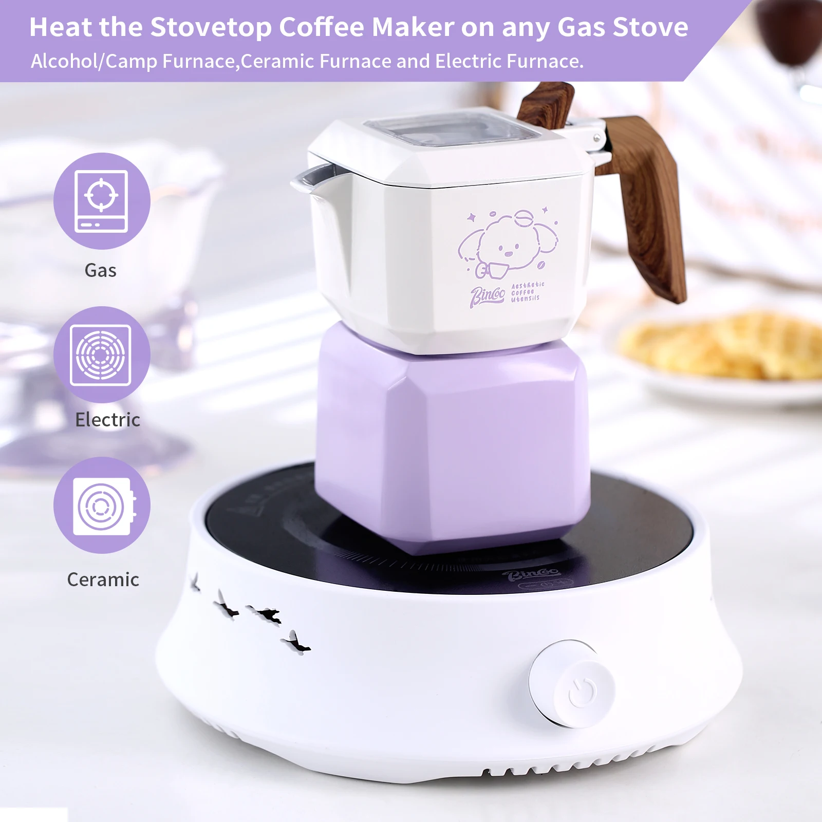 Bincoo Dog Shape Dual Valve Moka Pot Set Stovetop Espresso Maker Cute Animal Design Home Coffee Brewing Kit view 5