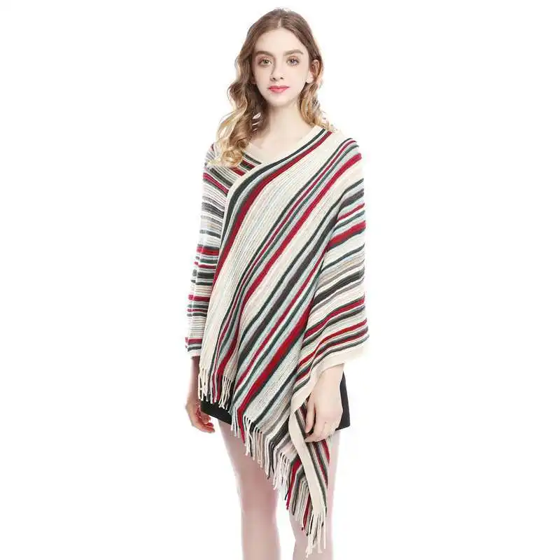 European American Striped Tassel Cape and Shawl V-neck Pullover Sweater Coat Wholesale