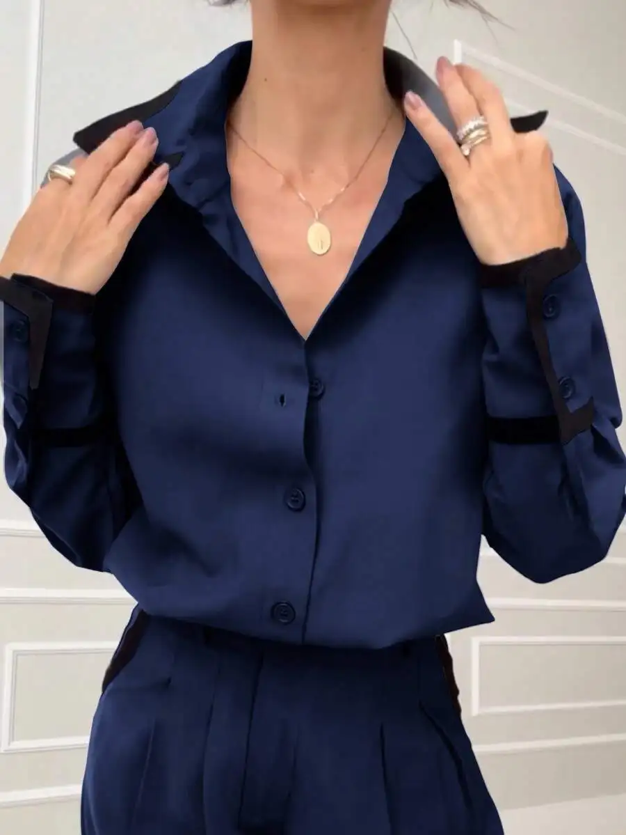 

Womens Loose Drop Shoulder Contrast Color Shirt And Straight Leg Pants Two Piece Set Casual Chic Spring Outfit