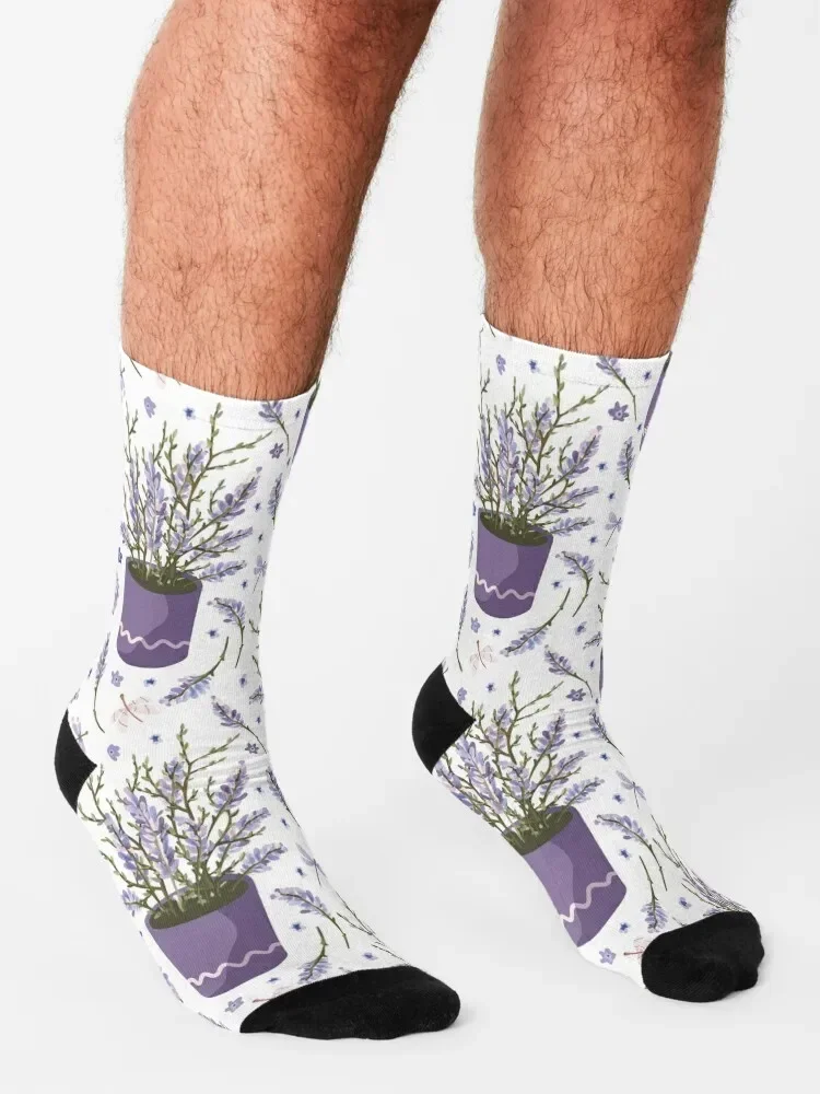 Meias de lavanda aquarela em panela para homens e mulheres, meias estéticas, luxo, meias de ano novo, menina