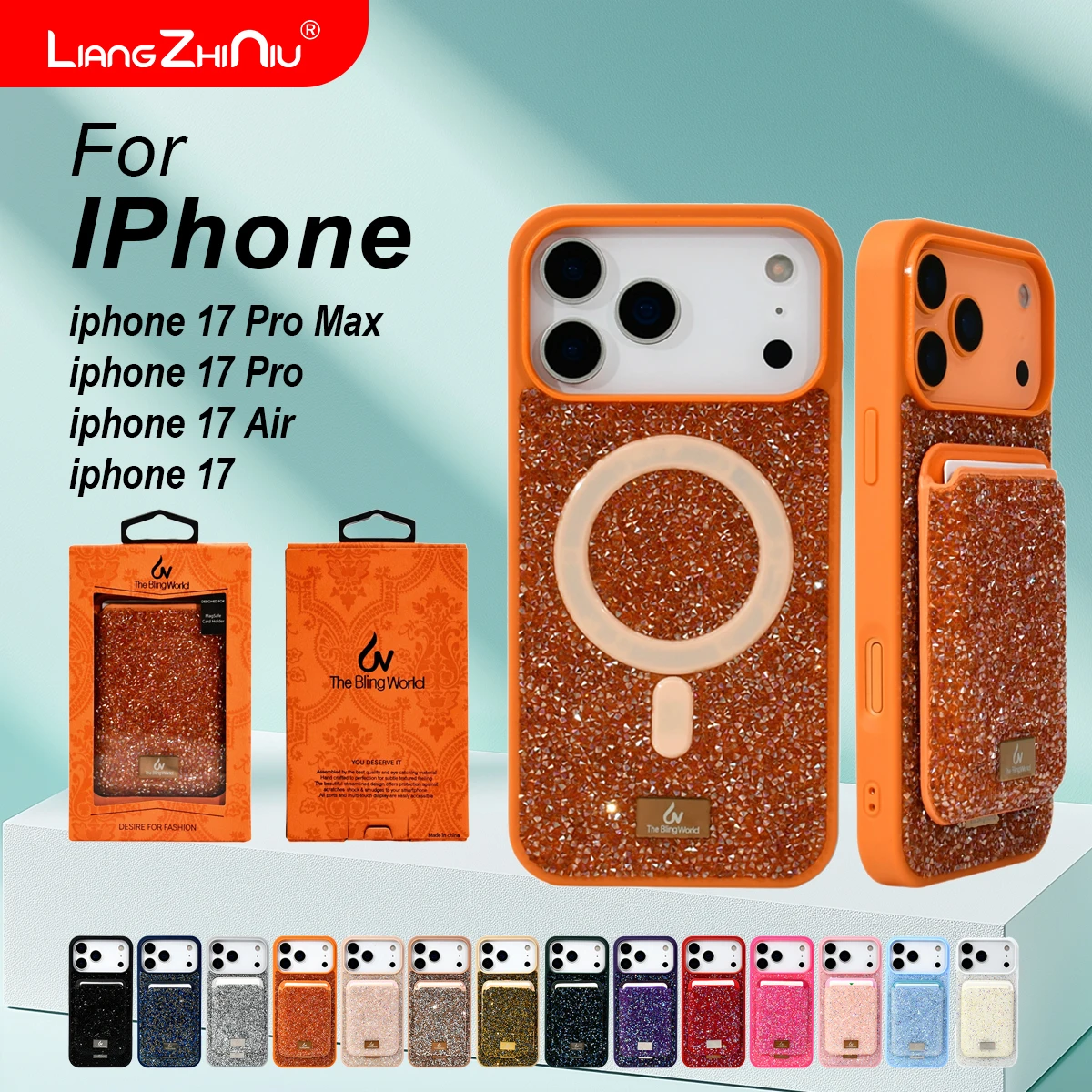

Чехол для телефона Iphone 17 Pro Max 17 Air 17 Pro 17, чехол Magsafe с зарядкой и магнитной картой, ТПУ + ПК, блестящая задняя крышка с кристаллами