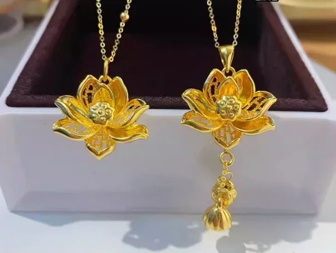 

24k pure gold lotus flower pendants for women 999 real gold flowers pendant fine gold jewelry accessories