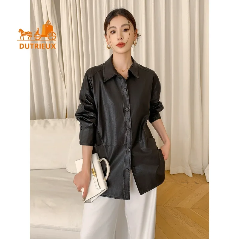 Veste en cuir véritable de Style chemise à revers à simple boutonnage, 100% peau de mouton véritable, manteau ample et décontracté pour femmes, automne et hiver