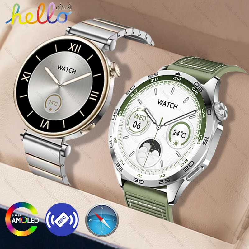 For Huawei GT4 Smartwatch 2024 Hello Clock HD AMOLED NFC Compass Bluetooth Call IP68 Waterproof Smart Watch Men Women PK 3 Plus