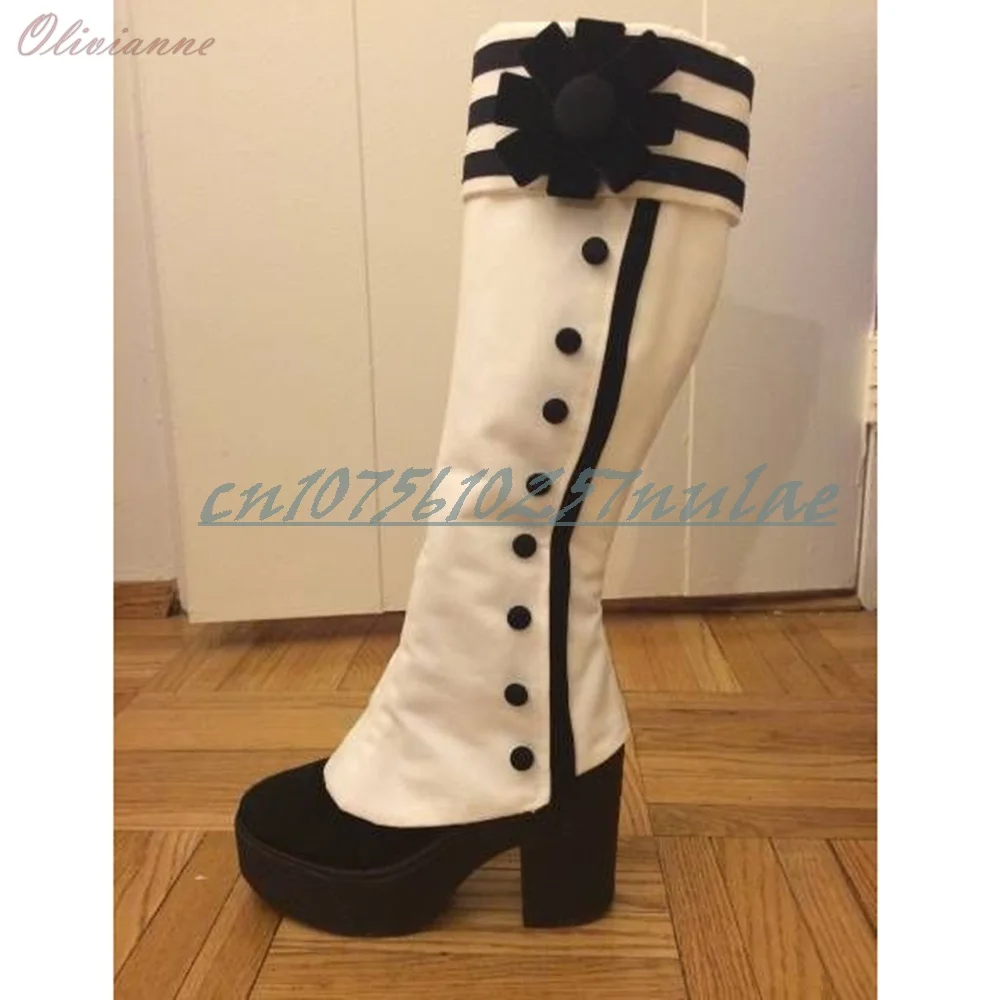 

White and Black Side Flower Decor Mid Calf Boots Party Chunky High Heel Retro Fashion Sexy Women Shoes 2026 Zapatos Para Mujere