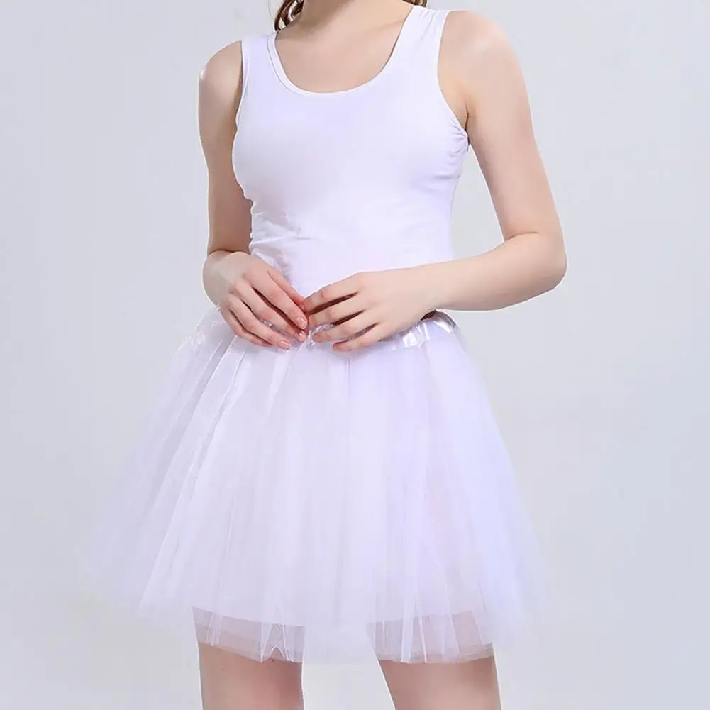 Versatile Solid Color Skirts Mini Skirt Mesh Layered A-Line Skirts Solid Color Elastic High Waist Short Skirt with Lining 85