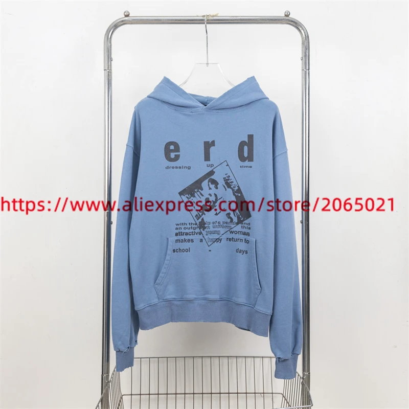 Graphics Print ERD Pullover Men Women Vintage Washed Blue Damaged Enfants Riches Deprimes Hoodie