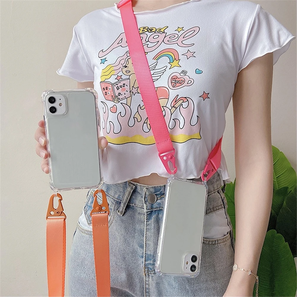 Luxury Transparent Crossbody Necklace With Lanyards Phone Case For iPhone 16 15 Pro Max 14 13 12 11 XR X 8 Plus Shockproof Cover