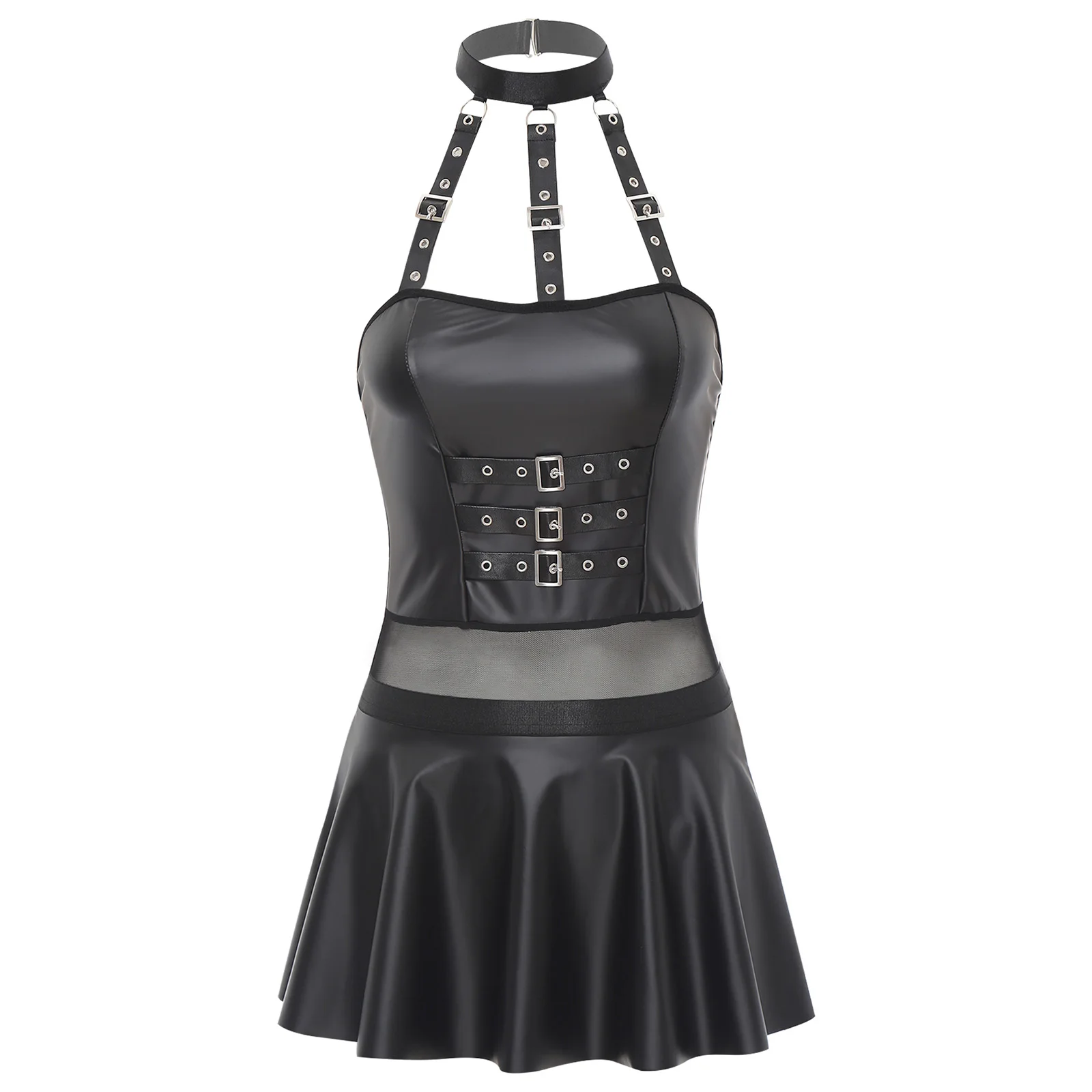 

Women PU Leather Outfit Halter Harness Bodysuit And Skirts Wet Look Set Skinny Jumpsuit Rave Party Nightclub Party Sexy Costume