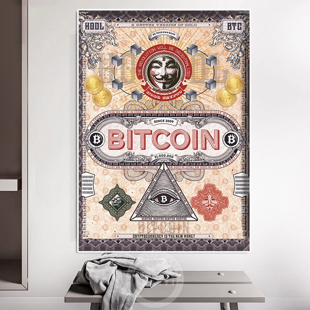 

Abstract Bitcoin Crypto Poster Vintage Pop Wall Art Prints Canvas Painting Modern Wall Picture for Living Room Home Decoration