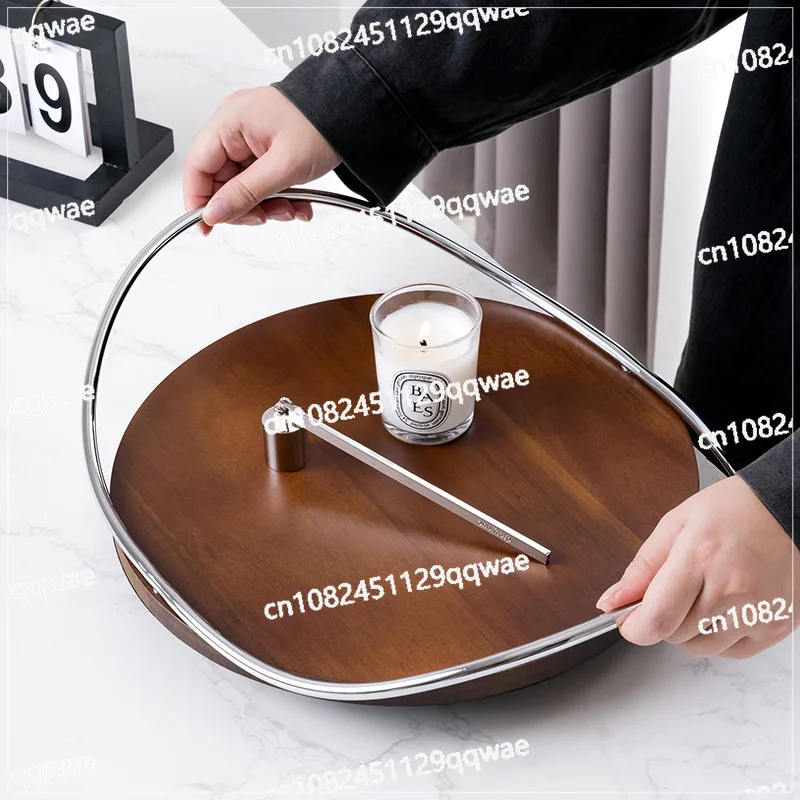 Oval Walnut Stainless Steel Tray Handle Storage Trays Metal Aromatherapy Mirror Cosmetic Storage Luxurious Home Decorative Panel