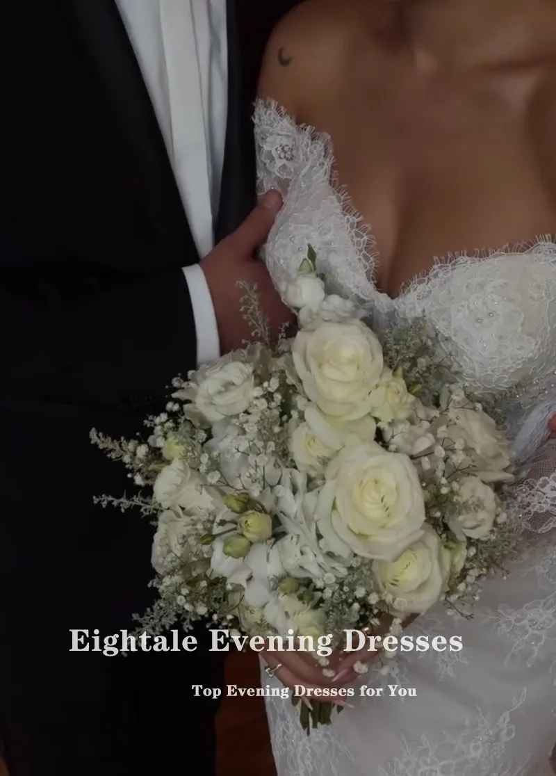 Eightale Lace Wedding Dresses V-Neck Customized Long Sleeves Lace Mermaid White Ivory Muslim Bridal Gown Vestidos De Novia