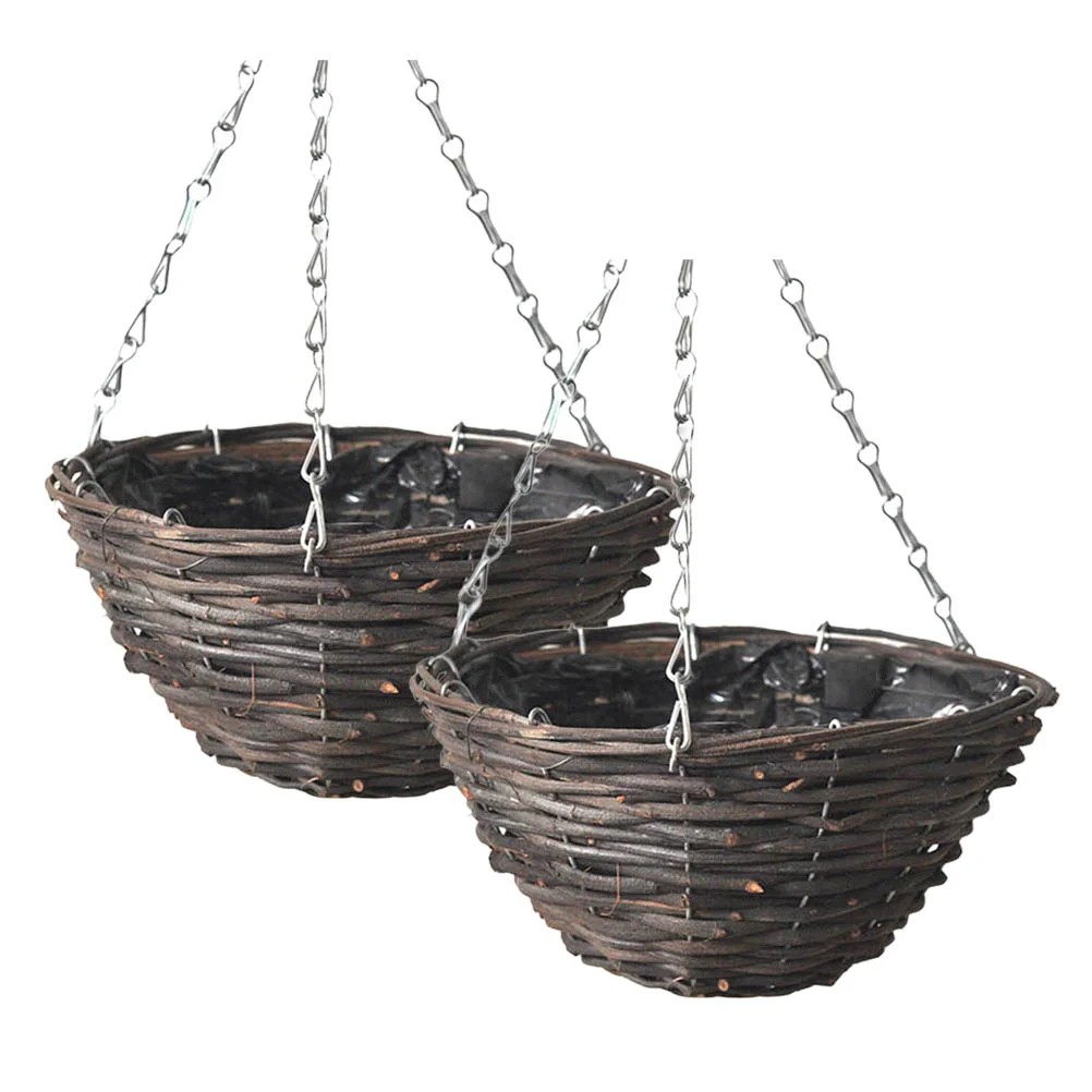 

2 PCS Flower Basket Rattan Pot Planting Arrangement Hanging Handmade Flowerpot Storage Black