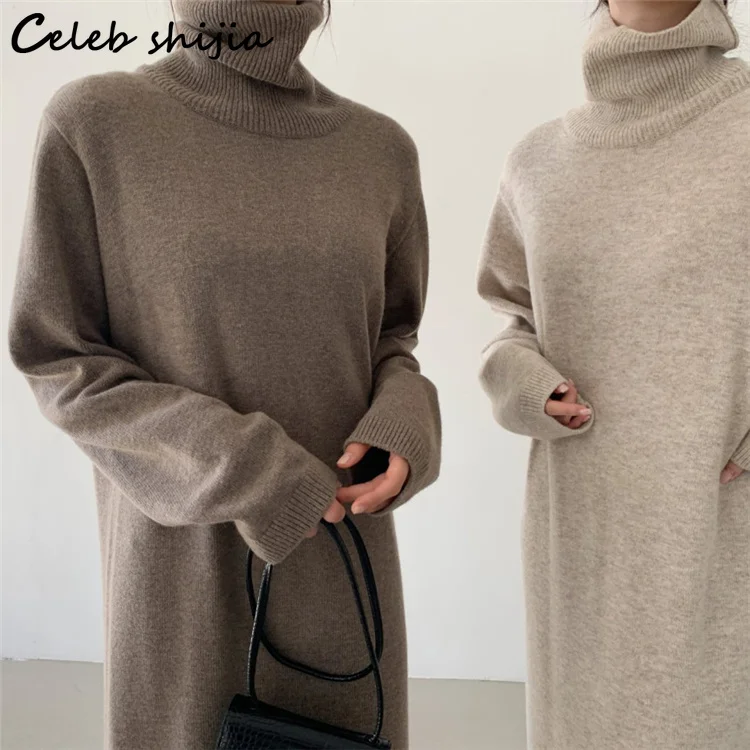 Khaki Woolen Loose Dress Woman Autumn Tall Neck Elegant Knitted Bodycon Dress Female Vintage Long Sweater Winter Clothing