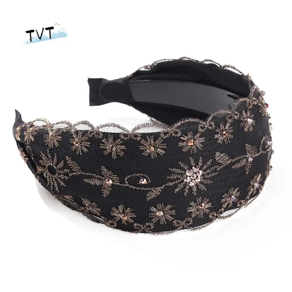 

Temperament Trendy Women Lace Korean style Flower headwear Embroidery hairband Crystal Wide edge headband