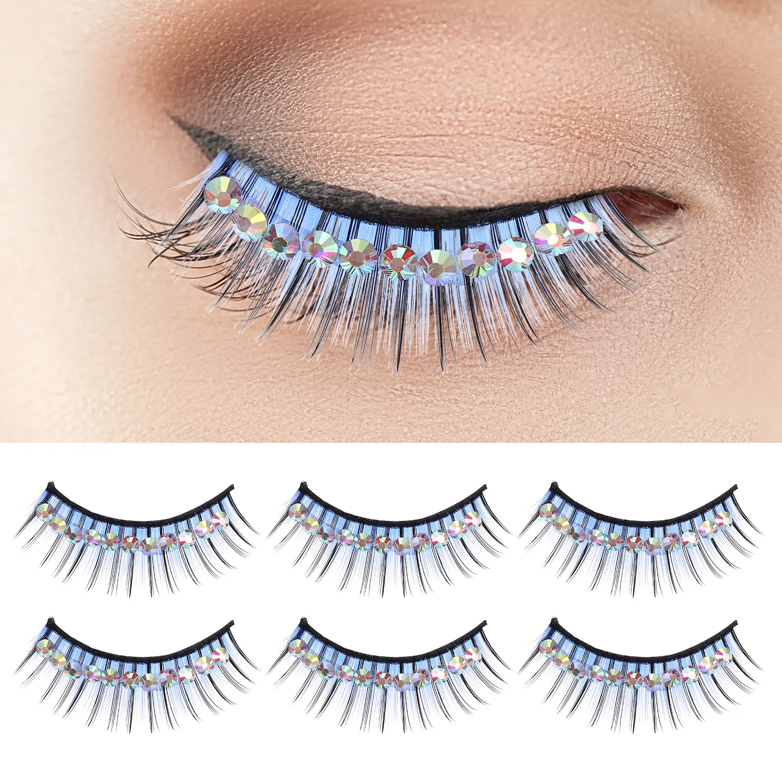 5 Paar dicke gefälschte Wimpern, Diamant-Dekor, sofortige Augen, glamourös, glänzend, für Bühnenpartys, Cosplay, Performance-Make-up