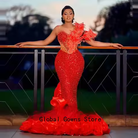 Gorgeous Evening Dresses Bead Appliques Red Long Mermaid Evening Dress Ostrich Sequin Long Evening Gown Feather Vestido De Festa