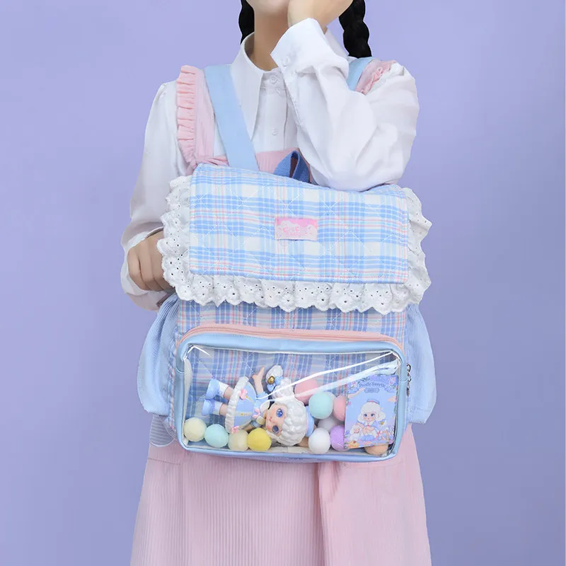Cute Transparent Pocket Large Capacity School Bag Pastel Lace Student Bookbag For Junior High High School Y2k Aesthetic Casual