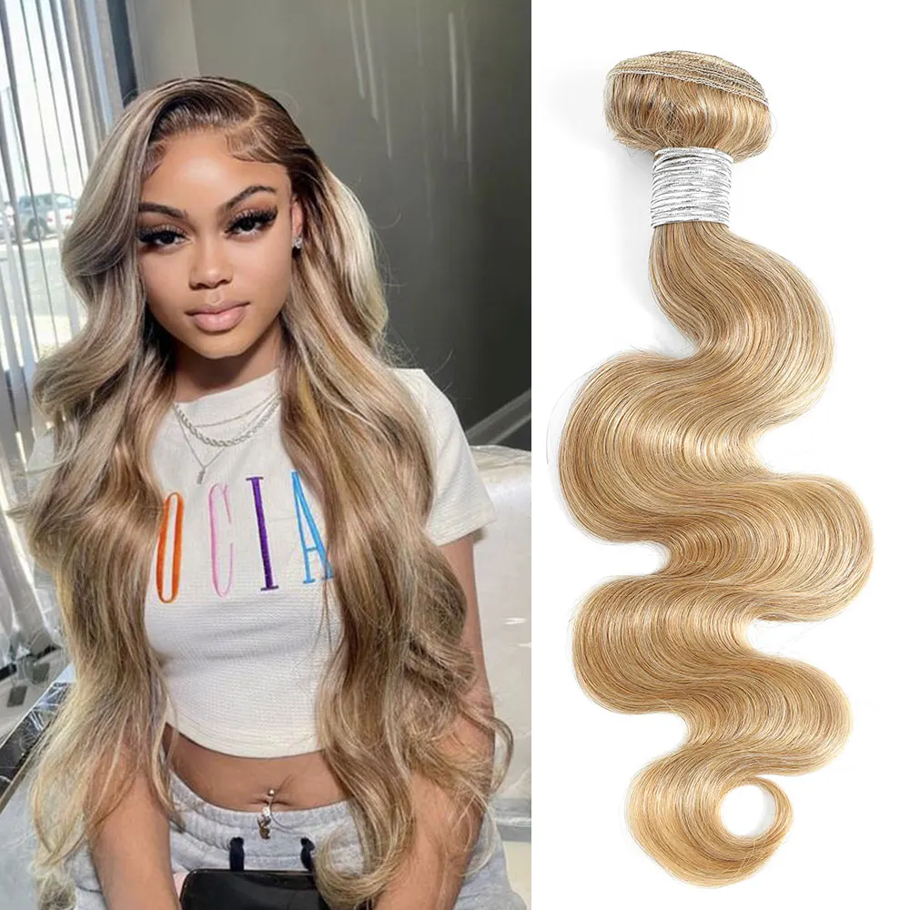 Linhua Body Wave P27/613 Human Hair Bundles 8 to 30 Inch Body Wave Human Hair HIghlight Blonde Machine Made Double Weave Weft