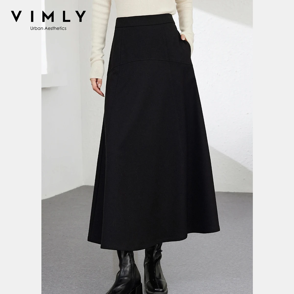 

Vimly Black A-Line Skirt for Woman 2025 Autumn Pear Shape Slimming Chic Versatile Office Daily Date Female Midi Skirts M8930