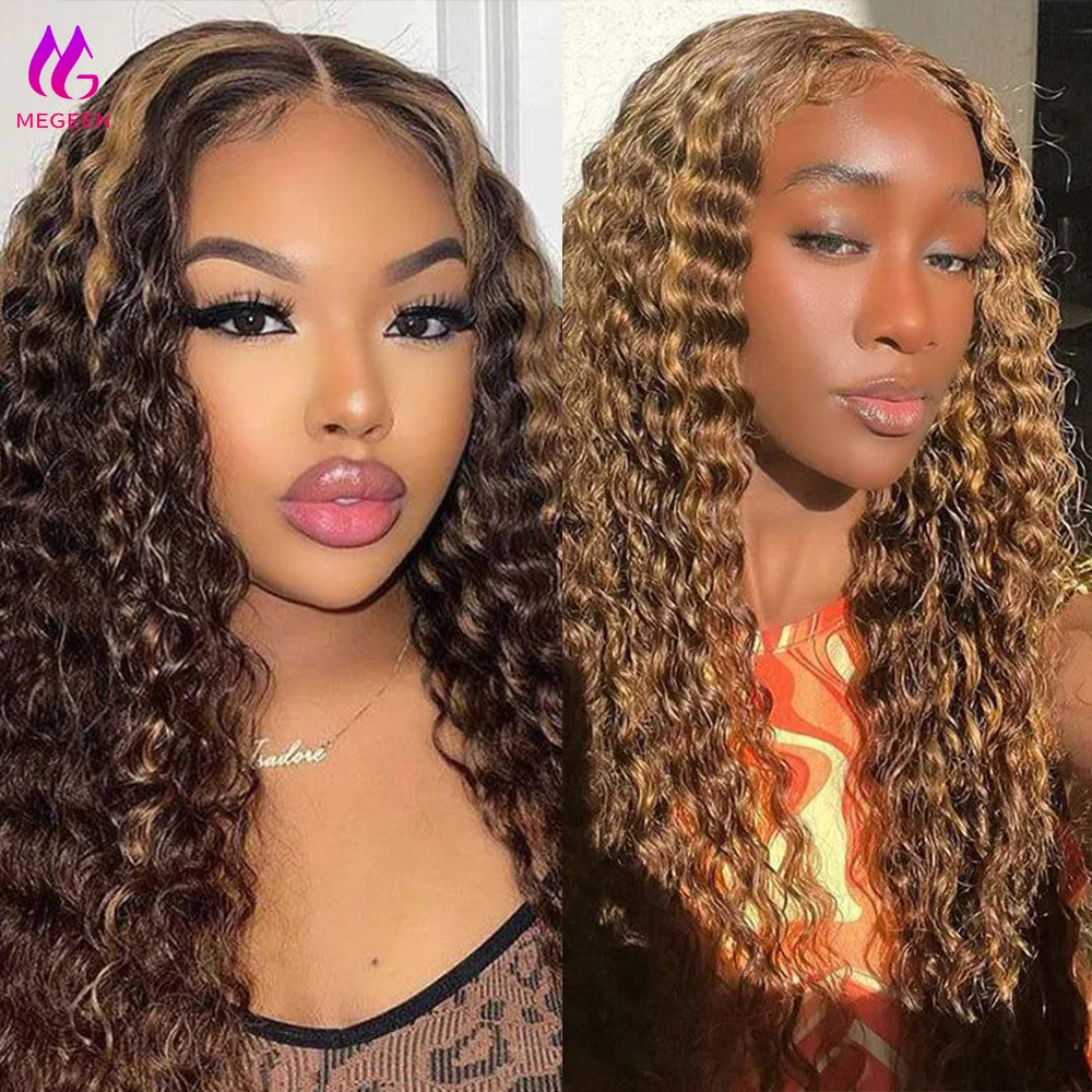Megeen 13 x4 parrucca frontale in pizzo trasparente P4/27 evidenziare parrucca onda d'acqua parrucca anteriore in pizzo capelli umani parrucca colorata Ombre biondo miele