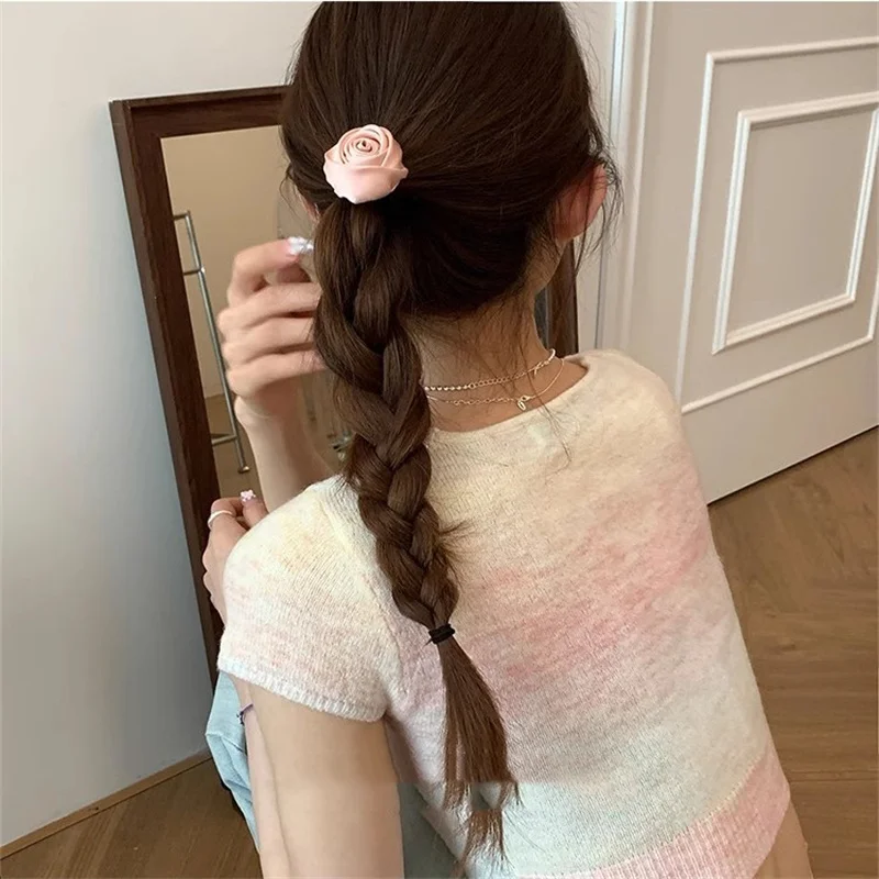 2023 Black Pink Satin Hair Tie Rope Women Fashion Rose Flower Hair Rubber Bands Scrunchies Fashion Elastic Hair Accessories